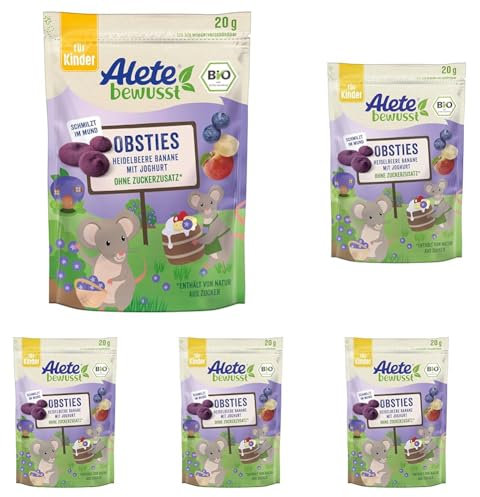 Alete bewusst Obsties Heidelbeere Banane mit Joghurt, ab 3 Jahren, gefriergetrocknete Bio-Fruchtchips, Früchte-Snack für Kinder, verzehrfertig im verschließbaren Beutel, 20 g (Packung mit 5)