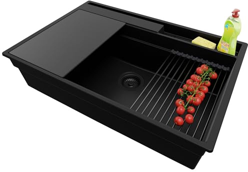 PRIMAGRAN Spülbecken ab 80er Unterschrank + Ablauf-Set, 78x53cm | Set: Ablauf-Set (Siphon, Ablaufgarnitur, Überlauf) + Granitspüle 1 Becken - Oslo Pocket, Alles Schwarz