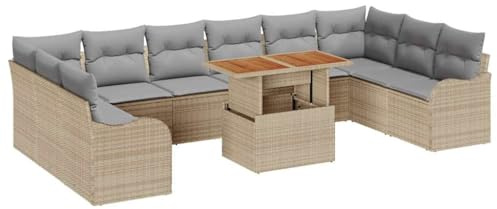 vidaXL 11-teiliges Garten-Sofaset mit Kissen in Beige aus Poly-Rattan - verstellbare Füße und modulares Design für 7 Personen, wetterfest, perfekt für Terrasse und Sommer-Lounge zum Entspannen.