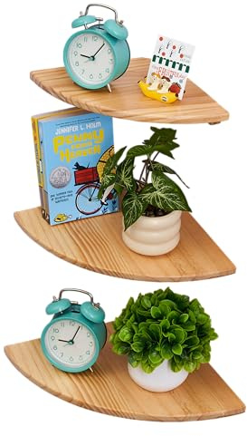 Gieanoo Corner Floating Shelves,Set of 3 Solid Pine Wood Round Corner Shelves Wall Mounted with Wire Hole Floating Corner Shelf for Small Plant for Bedroom Kitchen, Living Room(Natural 9/10/12in)