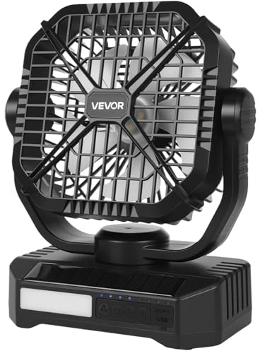 VEVOR Ventilador Solar de Camping 10400 mAh, con Panel Solar y Linterna LED, Batería Recargable Portátil 7 W y 20 cm, 4 Velocidades y Funcionamiento Silencioso para Picnics, Barbacoas, Pesca