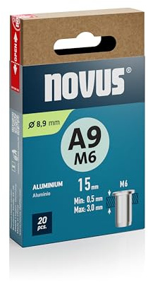 NOVUS TOOLS Aluminium-Blindnietmuttern Ø 8,9 mm, M6 Gewinde, 15 mm Länge, 20 Nietmuttern, 0,5-3,0 mm Klemmlänge, ideal für Befestigungen in Nichteisen Metall, Kunststoff und Leichtbaumaterial