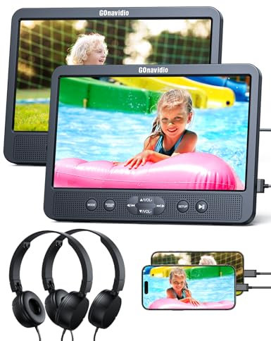 GOnavidio Lettore DVD per auto da 10,5 pollici, 2 monitor con ingresso HDMI, cuffie, monitor, poggiatesta, sedile posteriore per auto, supporto per scheda USB/SD, ingresso A/uscita, senza batteria