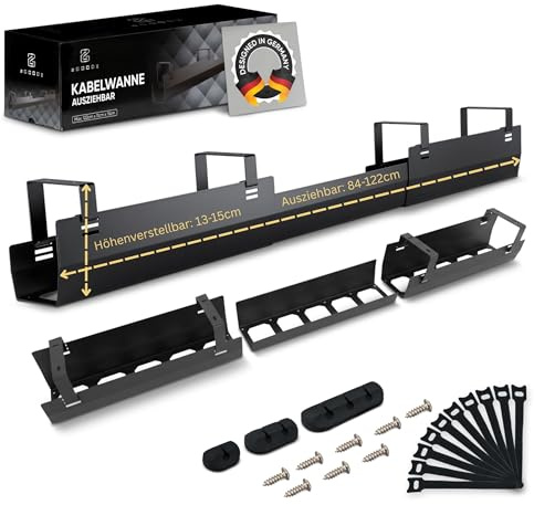 2GOODz Kabelwanne für Schreibtische, 84-122cm ausziehbar, höhenverstellbar | Incl. Zubehör - einfache Erreichbarkeit - legierter Stahl - leichte Montage