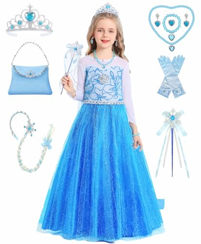 Prinzessin Kostüm Mädchen Prinzessin Kleid Set Eiskönigin Faschings Kostüme Kinder Fastnacht Geburtstag Verkleidung Eisprinzessin Cosplay Party Blau Outfits mit Zubehör Zauberstab Krone Perücke C069-M
