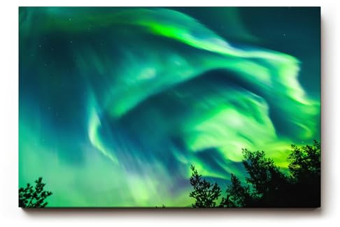 Sinus Art Wandbild 60x40cm Atemberaubende Aurora Borealis mit dynamischem Farbspiel über Silhouetten dunkler Bäume