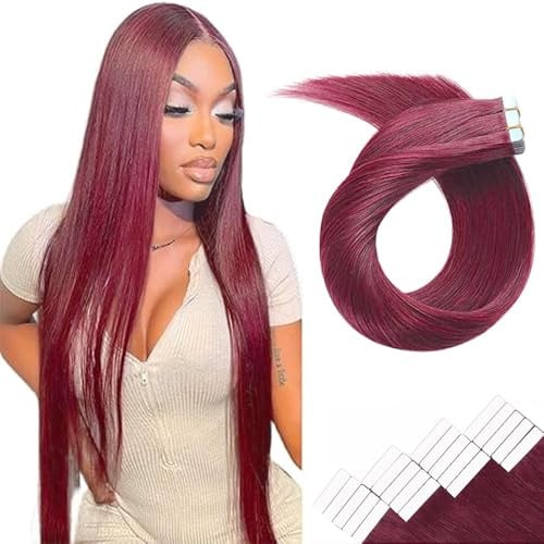 WuvuSnm Tape In Extensions Echthaar Human Hair Straight Invisible Extensions #99J Burgundy Color 12 Zolls 20 Pièces/50g Haarverlängerung Echthaar for Women Minimal Smell Low Shedding