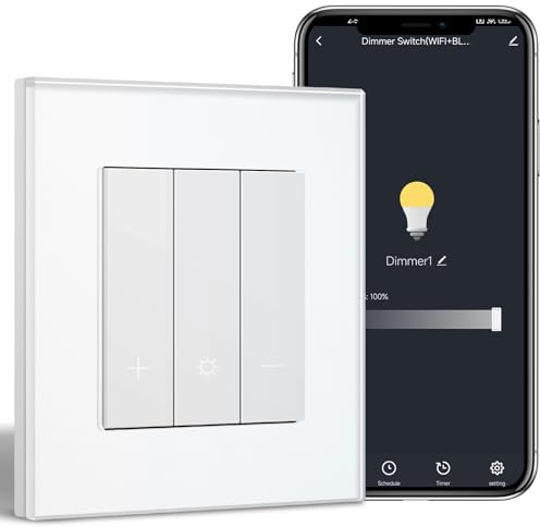 BSEEDLIFE Smart WLAN Dimmschalter mit Glasrahmen, WiFi Dimmer Schalter, Kompatibel mit Alexa & Google Home, Unterputz Lichtschalter Dimmbar für led lampen 240V, Weiß (Neutralleiter Erforderlich)