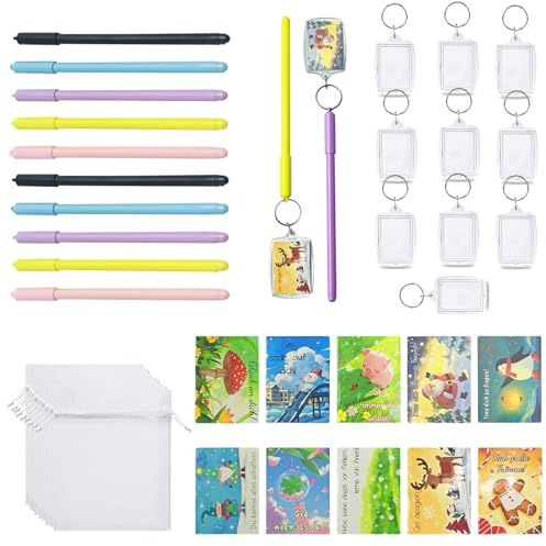 Lot de 40 pcs Stylos Gel de Noël Créatifs Stylo Gel,con 10 Stylo gel,10 Porte Clé Personnalisé,10 Mini Motivational Cards,10 Blanc Sachets en Organza,Personnalisé Cadeau DIY pour Noël,Étudiants