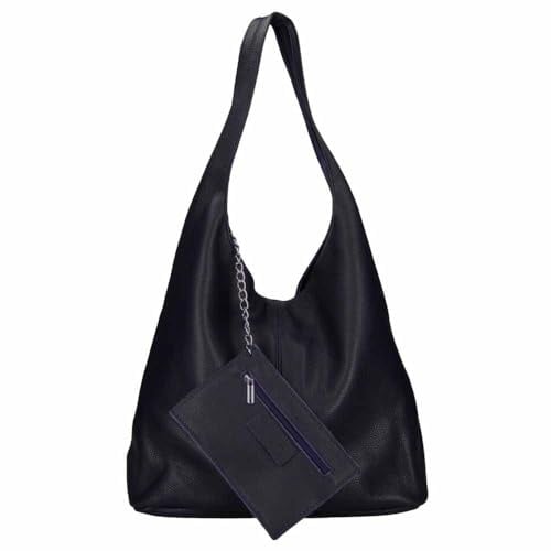ITALYSHOP24 Made in Italy Damen echt Leder Tasche Rindsleder Shopper Schultertasche Umhängetasche Handtasche Beuteltasche Hobo Bag Ledertasche Reisetasche Sport Arbeit Urlaub Daily Bag groß Navy