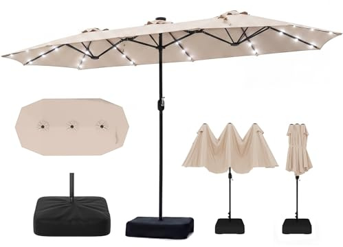 RELAX4LIFE Grand Parasol de Jardin Exterieur avec Pied, 4x2M Parasol Double pour Terrasse/Piscine/Marché, 12 Baleines Renforcées, Manivelle, Protection Solaire pour 6-8 Personnes