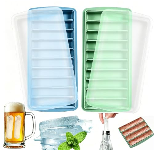 2 Pack Long Ice Cube Trays with Lids – 10 Cavities Silicone Ice Stick Moulds for Sports Bottles, Whiskey, Iced Coffee, Freezer Friendly (Blue & Green)