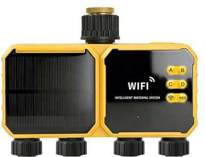 Hamwesh Timer per tubo da giardino, centralina di irrigazione intelligente a 4 zone, centralina per valvola dell'acqua a energia solare con controllo tramite app e sensore pioggia.
