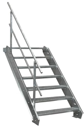 SRM Design 7 Stufen Stahltreppe Breite 100 cm verzinkt 1x Geländer | Geschosshöhe 100 - 140 cm feuerverzinkt Robuste Außentreppe, Wangentreppe, Geschosstreppe, Stabile Industrietreppe