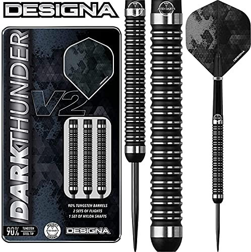 DESIGNA DARTS D3536 Dark Thunder | 30g Premium 90% Tungsten Barrel Steel Tip Dart Set With Twin Ringed Grip Including Flights and Nylon Shafts, Black