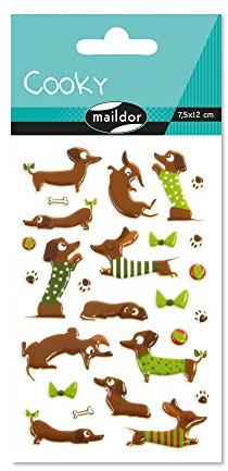 Maildor CY097C - Packung 1 Bogen Sticker Cooky, 7,5x12cm, 26 Stickers, zur Dekoration oder zum Verschönern von Handysc halen, Schmuckkästchen, Tagebuch oder Brief, Dackel, 1 Pack