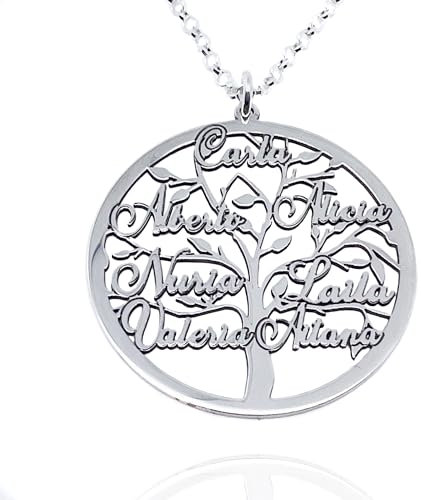 Rincón del Artesano Hecho a Mano Málaga. Collar Arbol de la Vida con Nombres Personalizado en Plata de Ley 925/1000. Colgante Arbol de la Vida. Medida 32x35mm. Regalo Día de la Madre. Modelo N35