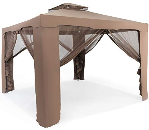 GOPLUS Pavillon de Jardin Exterieur 3 x 3 M avec Moustiquaire Transparente, Tonnelle de Jardin Exterieur Impermeable Double Toit, UV SPF 50+, pour Cours Terrasse (Brun)