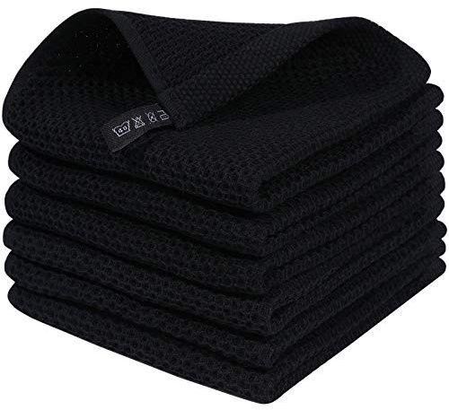 Homaxy Geschirrtücher aus 100% Baumwolle, Waffelgewebe, ultraweich, saugfähig, schnell trocknend, 30,5 x 30,5 cm, 6 Stück, Schwarz