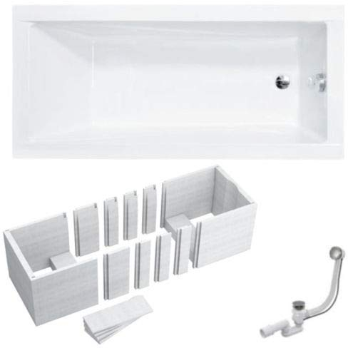 VBChome Badewanne 180x80 cm Acryl SET Siphon Wanne Rechteck Weiß Design Modern Wannenträger Styropor Ablaufgarnitur Chrome Viega Simplex