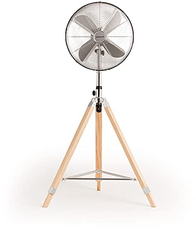 CREATE / AIR TRIPOD RETRO/Standventilator Chrom mit Dreibein aus Holz und Oszillation 75º / 80W, Leise, Ø40cm, 3 Geschwindigkeiten, DC-Motor, Retro-Design