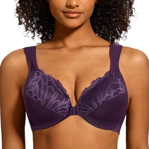 MELENECA Front Fastening Bras for Women Plus Size Underwire Unlined Lace Cup Cushion Strap Purple 44G