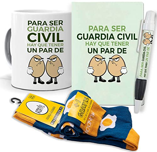 Super Regalo Personalizado para Guardia Civil. para ser Guardia Civil Hay Que Tener un par de Huevos. Taza, libreta, boli y Trio de Calcetines