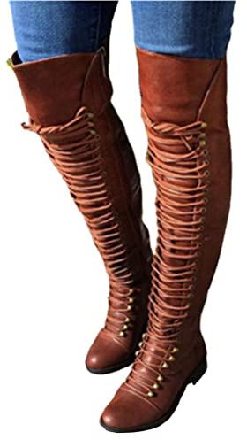 Onsoyours Stivali con Lacci in Pelle Donna Stivali Alti Piattaforma Stivali da Cavalie Stivali da Equitazione Stivali da Cavaliere sopra Il Ginocchio in Tinta Unita B Marrone 42 EU
