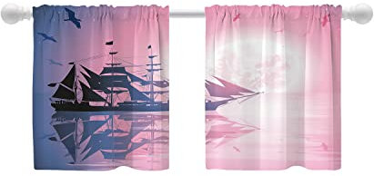 Shrahala Ship Pirate Adventure Tier Curtains for Kitchen Windows, Old Pirate Ship Sailing to The Blue Moon Tier Curtains for Window Curtain, Café, Laundry, Bedroom 26X24 inch
