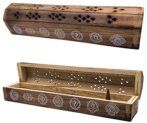 Quemador Incienso (incensario) Caja de Madera Decorada a Mano en India - Exclusivo diseño de Chakras 30.5x6.2x5.5 cm - Peso 240 g. Porta Incienso Madera.
