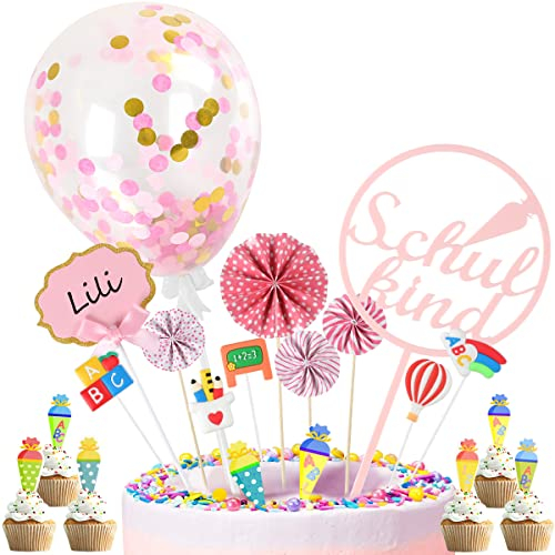 iZoeL 27 Stück Kuchendeko Schulanfang Mädchen SCHULKIND Tortendeko Einschulung Zuckertüte Cake Topper Konfetti Ballon Papierfächer ABC 123 Torten Cupcake Muffin Deko Tortenaufsätze