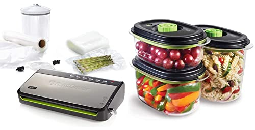 FoodSaver Máquina de vacío FFS005X con compartimiento de almacenamiento de rodillos & FoodSaver Recipiente para conservar y marinar al vacío1.2 L y 1.8 L, Color Transparente/Negro
