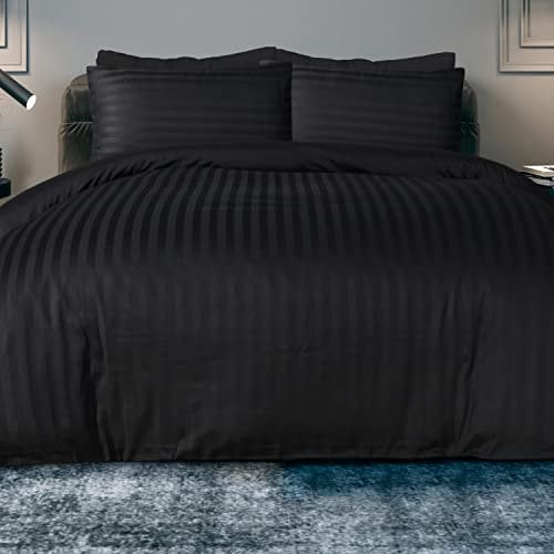 Sleepdown Soft Hotel Quality 225 THREAD COUNT Polycotton Black Satin Stripe Reversible Duvet Cover Quilt Bedding Set with Pillowcases Easy Care Bed Linen - Super King (260cm x 200cm)