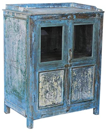 GURU SHOP Glasschrank, Vitrine, Küchenschrank mit Metall Verzierungen - Modell 23a, Türkis, 103x78x50 cm, Kleine Schränke