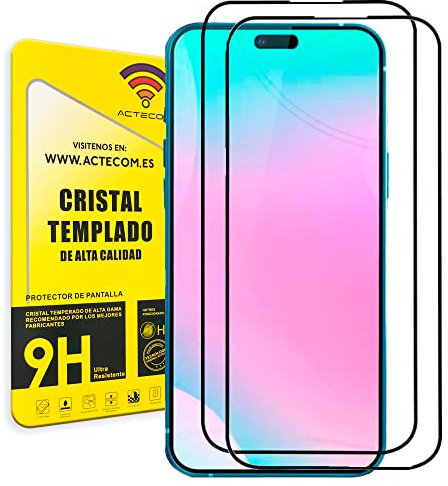 actecom® Pack DE 2 Protector Completo Negro 5D Pantalla Compatible con iPhone 14 Pro Cristal Templado 6,1 9H 2.5D (2 uds.)
