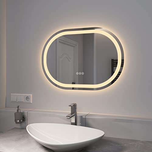 EMKE badspiegel mit Beleuchtung 50x70cm, Badezimmerspiegel mit Touchschalter, Beschlagfrei, 3 Lichtfarbe Dimmbar, Speicherfunktion Energiesparend Oval Spiegel mit Beleuchtung