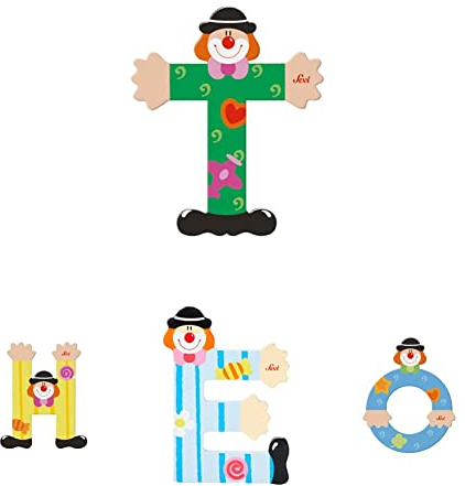 Sevi Clown Holzbuchstaben Name Theo ca. 10 cm, Türbuchstaben für Kinderzimmer, ABC Lernspielzeug aus Holz, pädagogisches Spielzeug für Kinder ab 3 Jahre, Kindernamen Buchstaben Clowns, Mehrfarbig