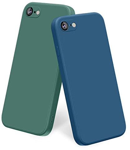 Yisica 2 Pack Silicone Coque Compatible pour iPhone SE 2020 / iPhone 8 / iPhone 7 / iPhone SE 2022, Silicone Coque avec Doublure en Microfibre Douce Protection Complète 4,7, Vert Foncé/Bleu Marine