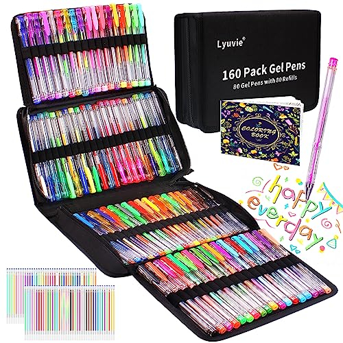 Lyuvie 160 Stück Gelstifte Glitzer Set, 80 Gelstifte mit 80 Nachfüllpackungen & 1 Malbücher,Glitzerstifte Mädchenfür für Erwachsene Schreiben Zeichnen Doodling Scrapbooking Journaling
