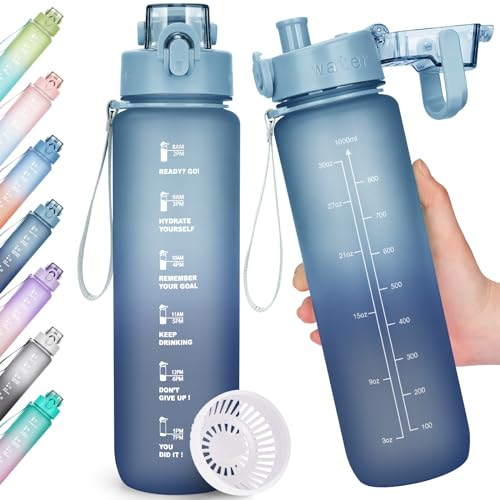 AOHAN Trinkflasche, 1l Wasserflasche BPA-Frei, Trinkflasche Sport Auslaufsicher, Sportflasche mit Zeitmarkierung für Fitness, Büro, Schule, Yoga, Outdoor