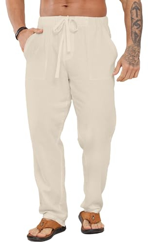 LVCBL Men's Linen Trousers with Drawstring Pockets Comfy Beach Lounge Bottoms Khaki XL