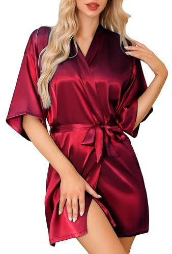 Lovasy Kimono de Satén Mujer Verano Corto Sexy Kimono Japones Novia Albornoces de Casa Mujer con Cinturón