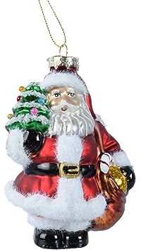 Adorno para árbol de Navidad de cristal, 14 cm, diseño de Papá Noel con árbol y saco de dinero soplado a mano, color rojo y blanco