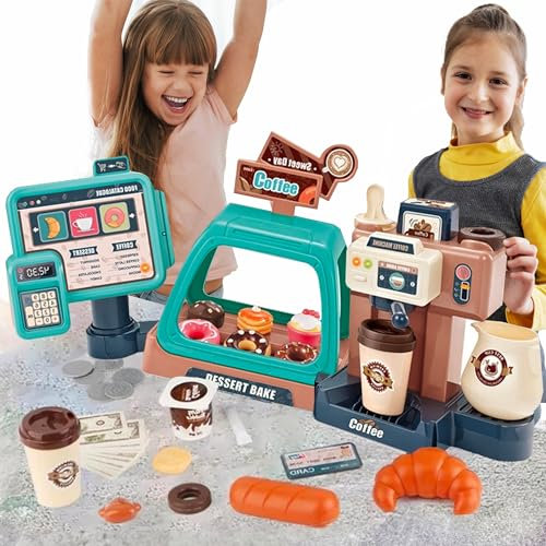 Kidow Toys 3-in-1 Coffee Maker Toy 41 pcs Cash Register, Play Kitchen Accessories Mini Food, Kids Coffee Machine Toy, Pretend Play Shop, Vending Machine, Fun & Educational Role Play Childrens Toys
