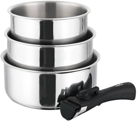 Set de 3 casseroles en inox 18/10 avec manche amovible-16/18/20cm-Sans PFAS/PTFE/PFOA – Empilables, gain de place, tous feux dont induction – Passe au four (sans poignée) et au lave-vaisselle
