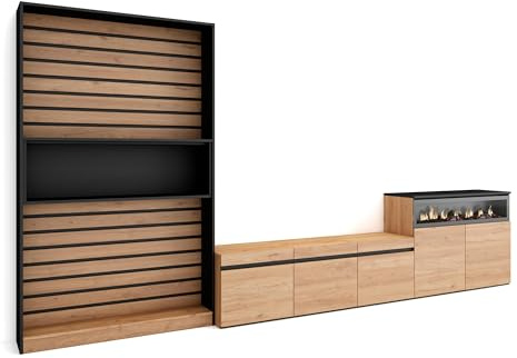 Skraut Home | Wohnwand Wohnzimmer | Wohnzimmermöbel, Möbelset | 360x186x35cm | Für TV-Geräte bis zu 65 | Elektrokamin. | Moderner Stil | Eiche Schwarz