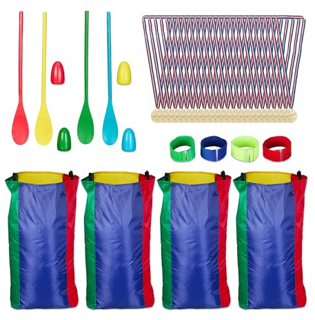 Relaxdays Aire Libre para niños en el Set Juegos Infantiles de Exterior, Gincana, Carrera de Sacos, de Huevos y de Tres Piernas, 24 Medallas, Multicolor, Poliéster, 90 x 50 x 40 cm