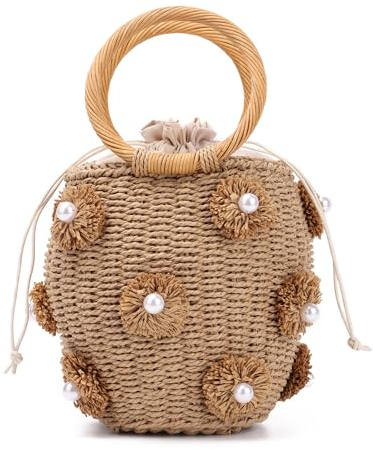 EVEOUT Damen Blume Perle Korb Tasche Stroh Handtasche Sommer Rattan Strandtasche Gewebte Clutch Henkeltaschen Urlaub