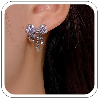 Yienate Funky Cristallo Arco Orecchini Perno Argento Dichiarazione Fiocco Cravatta Nastro Orecchini Rosa/Bianco Strass Bowknot Orecchini Arco Borchie Matrimonio Arco Orecchini Gioielli Per Donne