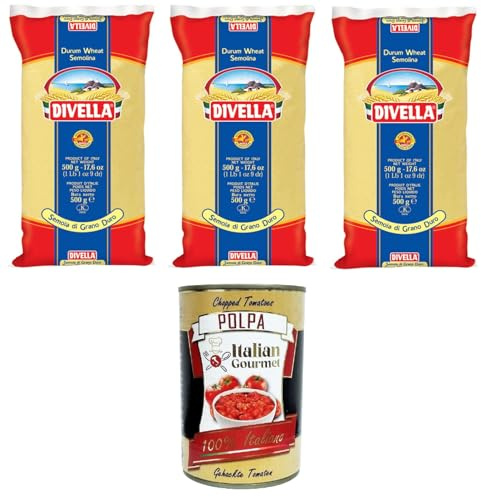 Italian Gourmet Semola di Grano Duro Rimacinata Hartweizengrieß 3 x 500g | Macina fine per pasta fatta in casa; ideal für Brot, Pizza und goldene, Gesamtnettogewicht 1,5 kg + Kostenlos Polpa 400g